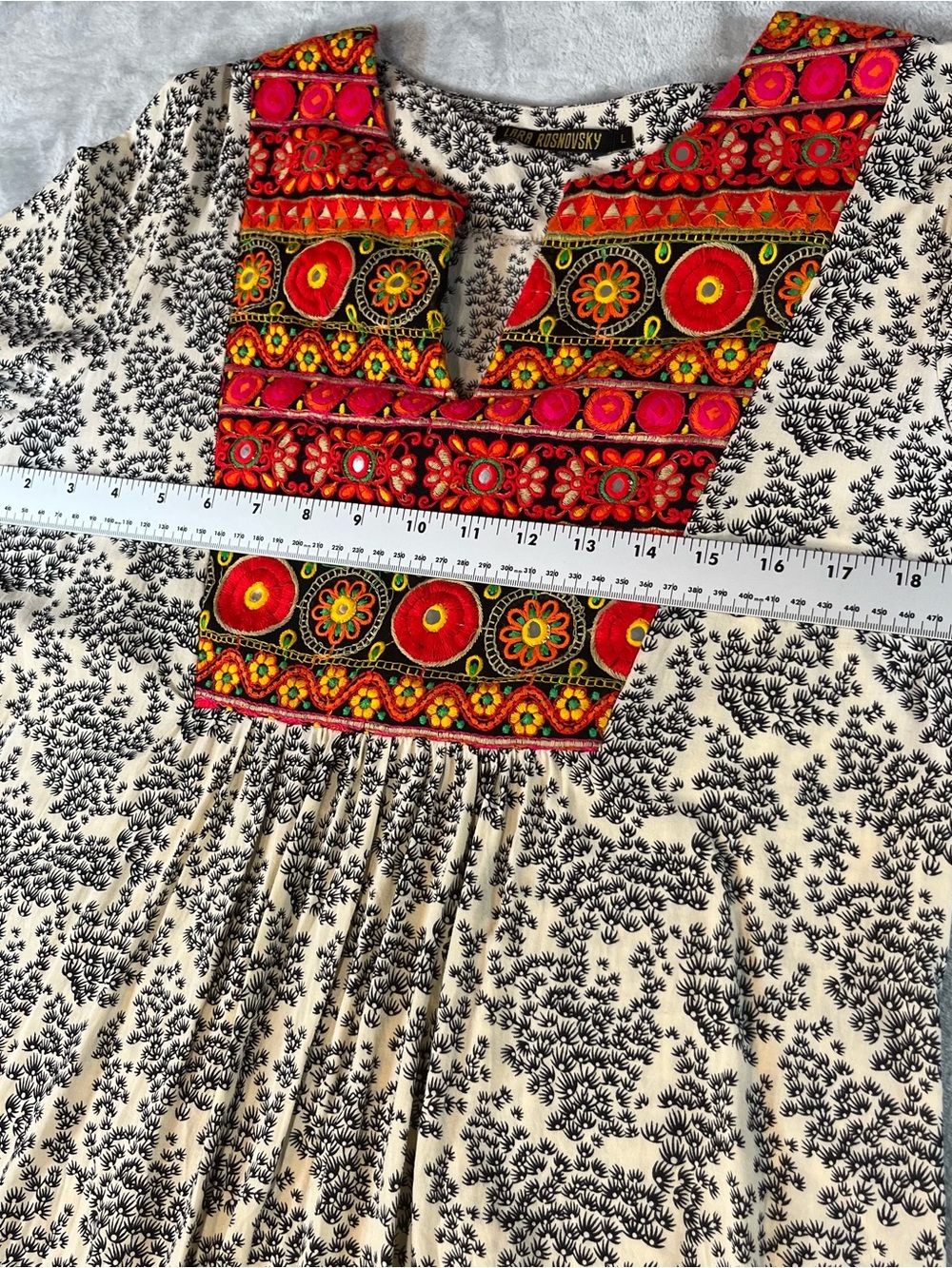 Lara Rosnovsky L 100% Cotton Embroidered Boho Midi Tunic Dress Bell Sleeve - Picture 4 of 15
